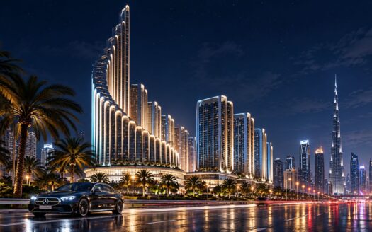 illuminated Mercedes-Benz Places tower integrated into the illuminated Dubai skyline at night.