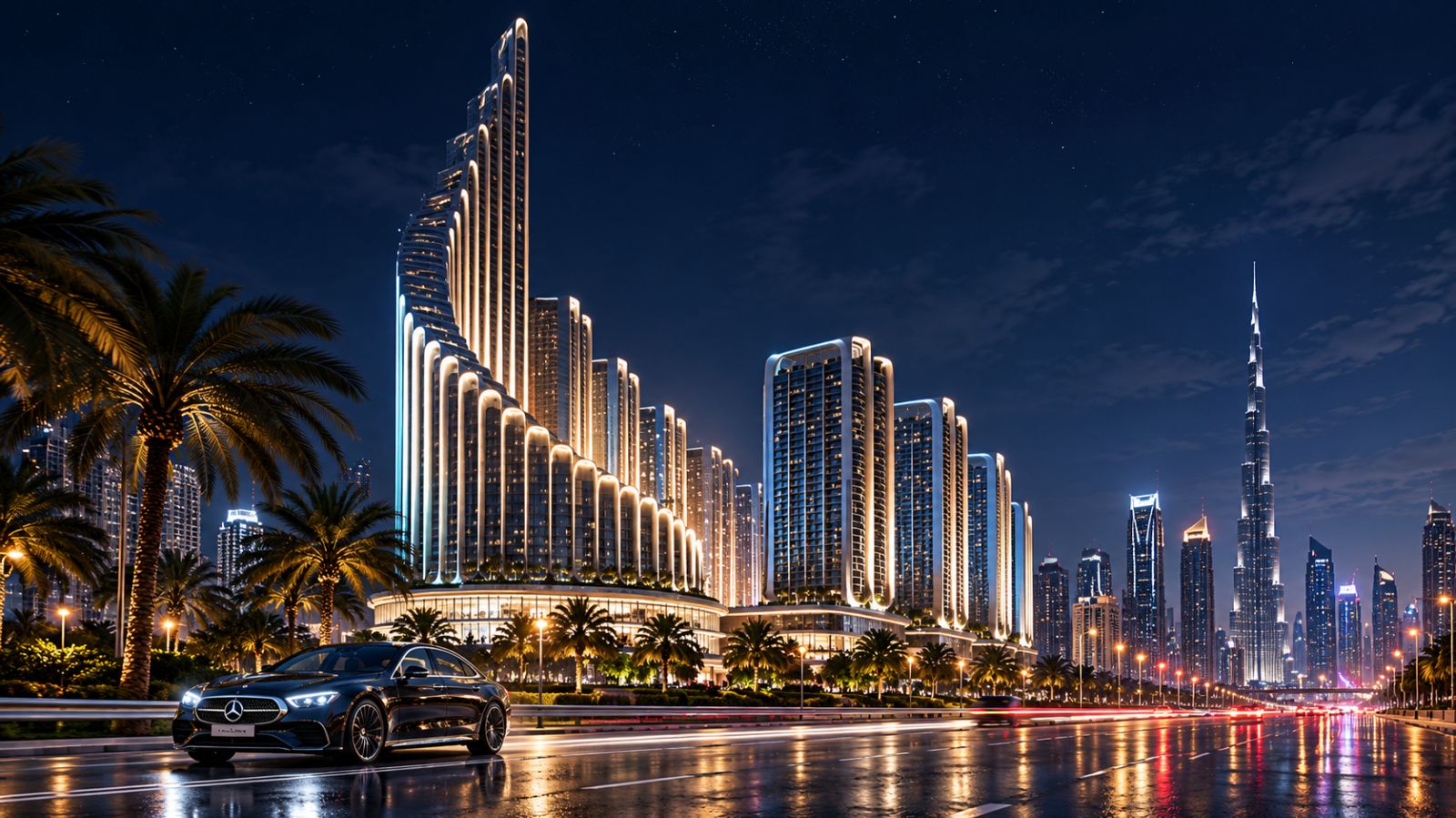 illuminated Mercedes-Benz Places tower integrated into the illuminated Dubai skyline at night.