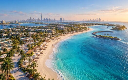 Aerial view of Dubai Islands waterfront and beachfront communities along the Nakheel shoreline
