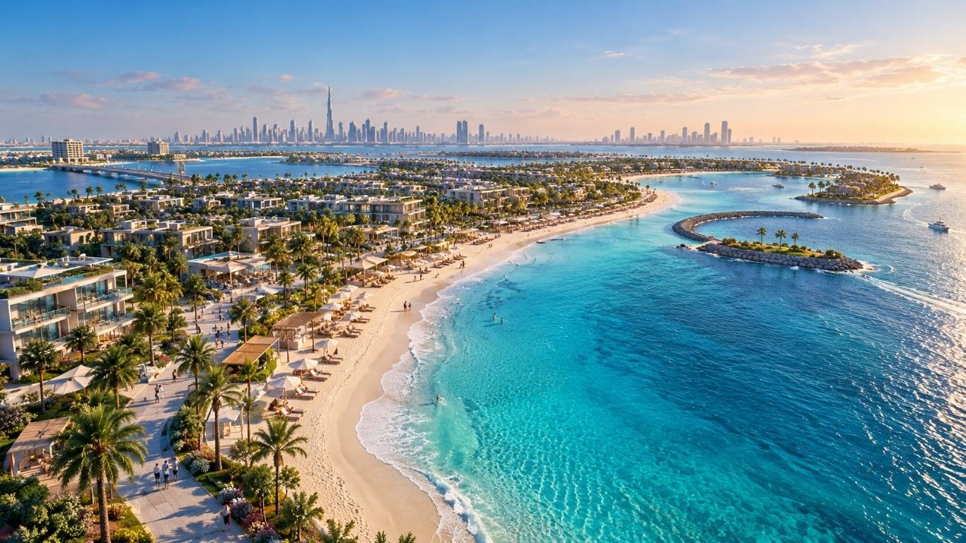 Aerial view of Dubai Islands waterfront and beachfront communities along the Nakheel shoreline