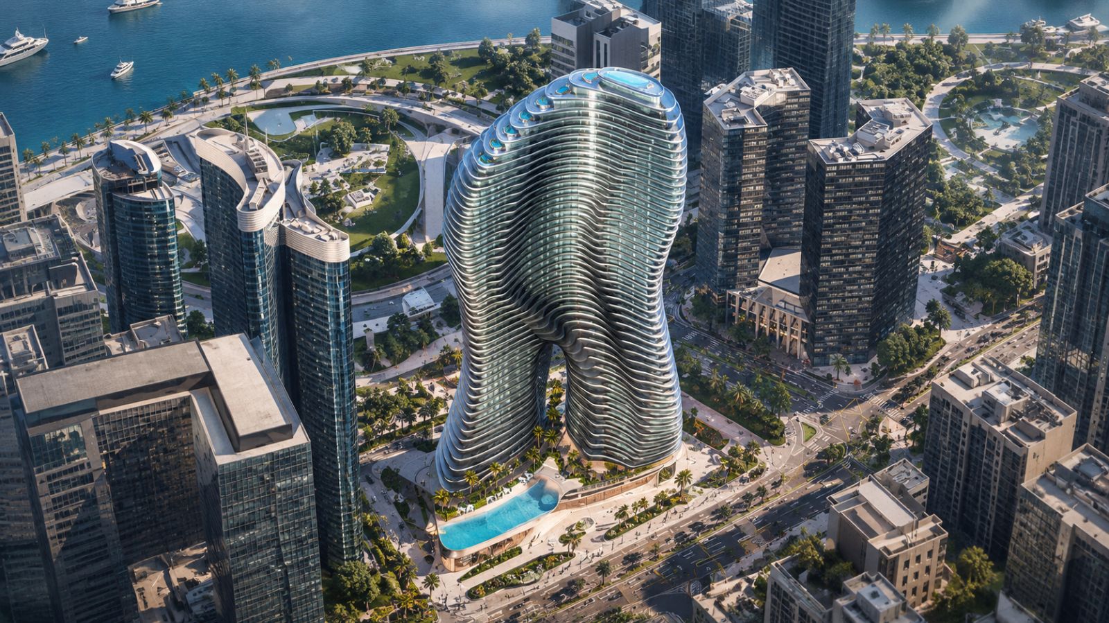 Modern branded luxury apartment tower overlooking the Dubai skyline and Marina waterfront during sunset.