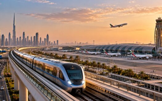 Dubai Metro train on an elevated track at sunset with Emirates jets, the airport terminal, and the city skyline behind