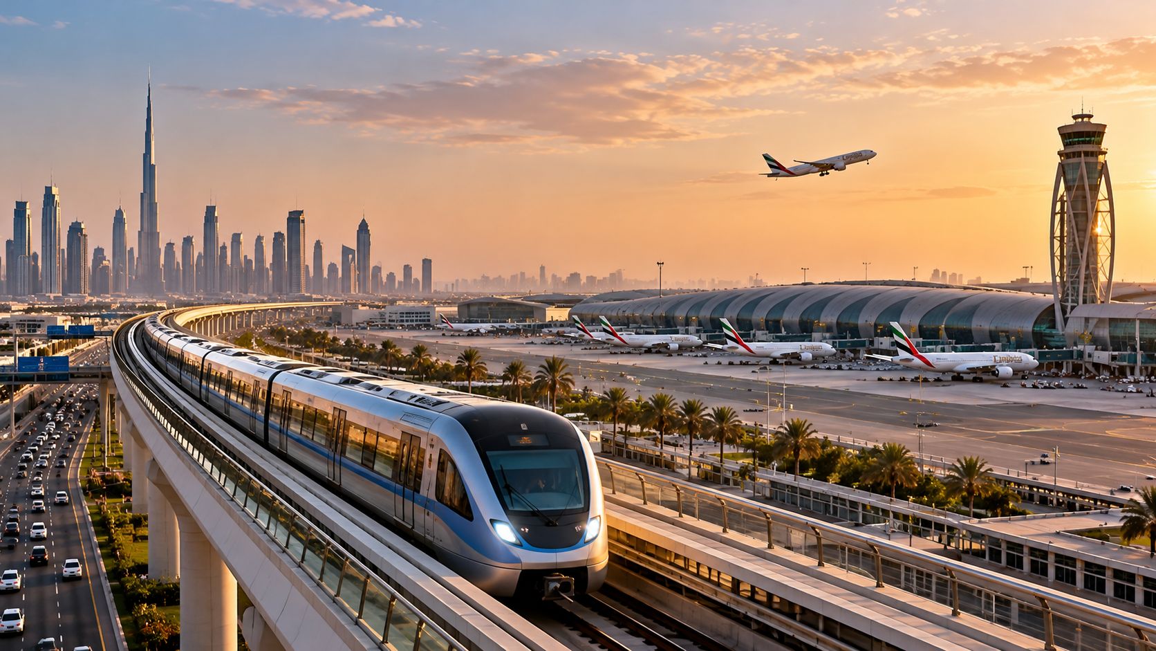 Dubai Metro train on an elevated track at sunset with Emirates jets, the airport terminal, and the city skyline behind