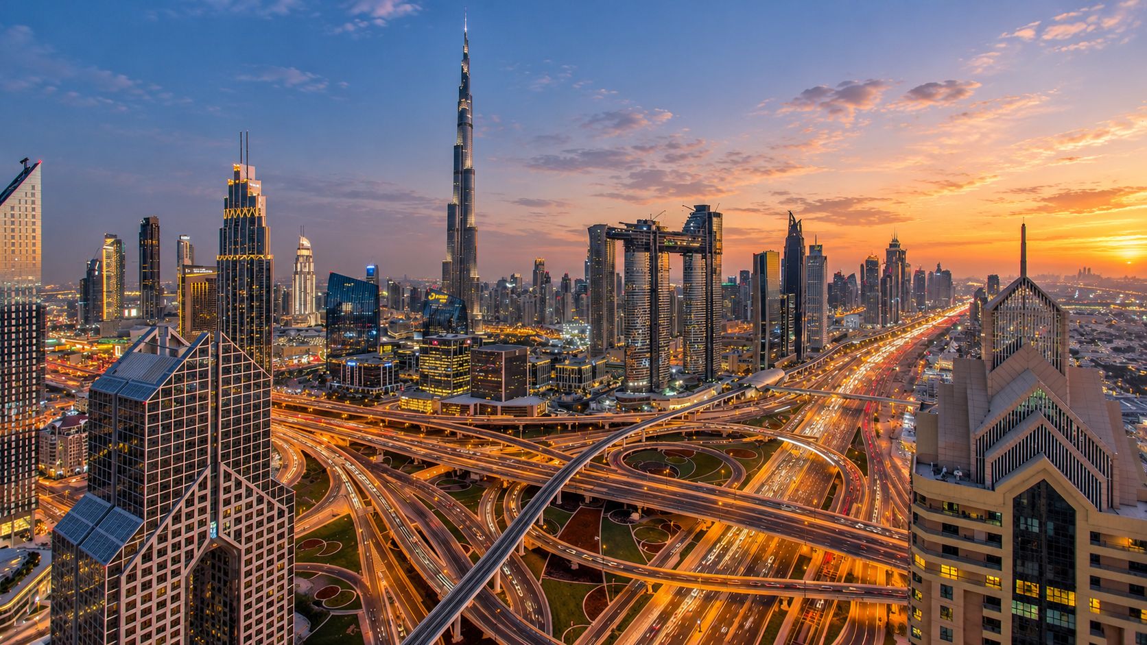 Dubai skyline at twilight with the Burj Khalifa above a glowing highway interchange and light trails from traffic